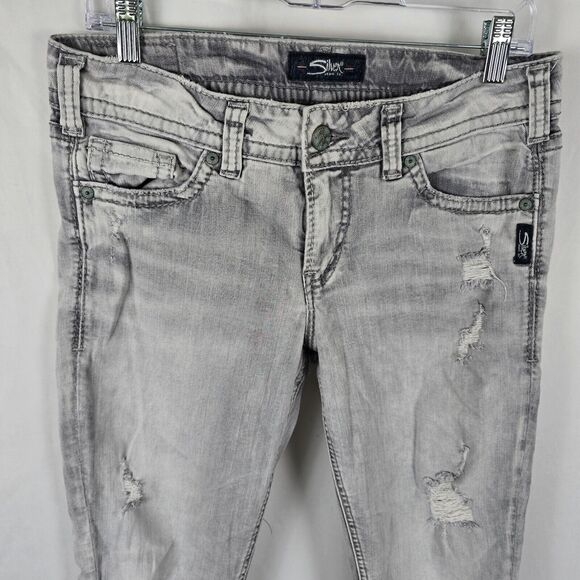 Silver Jeans Women's 28 Silver Gray Light Wash Elyse Skinny Crop Distressed - Picture 2 of 16